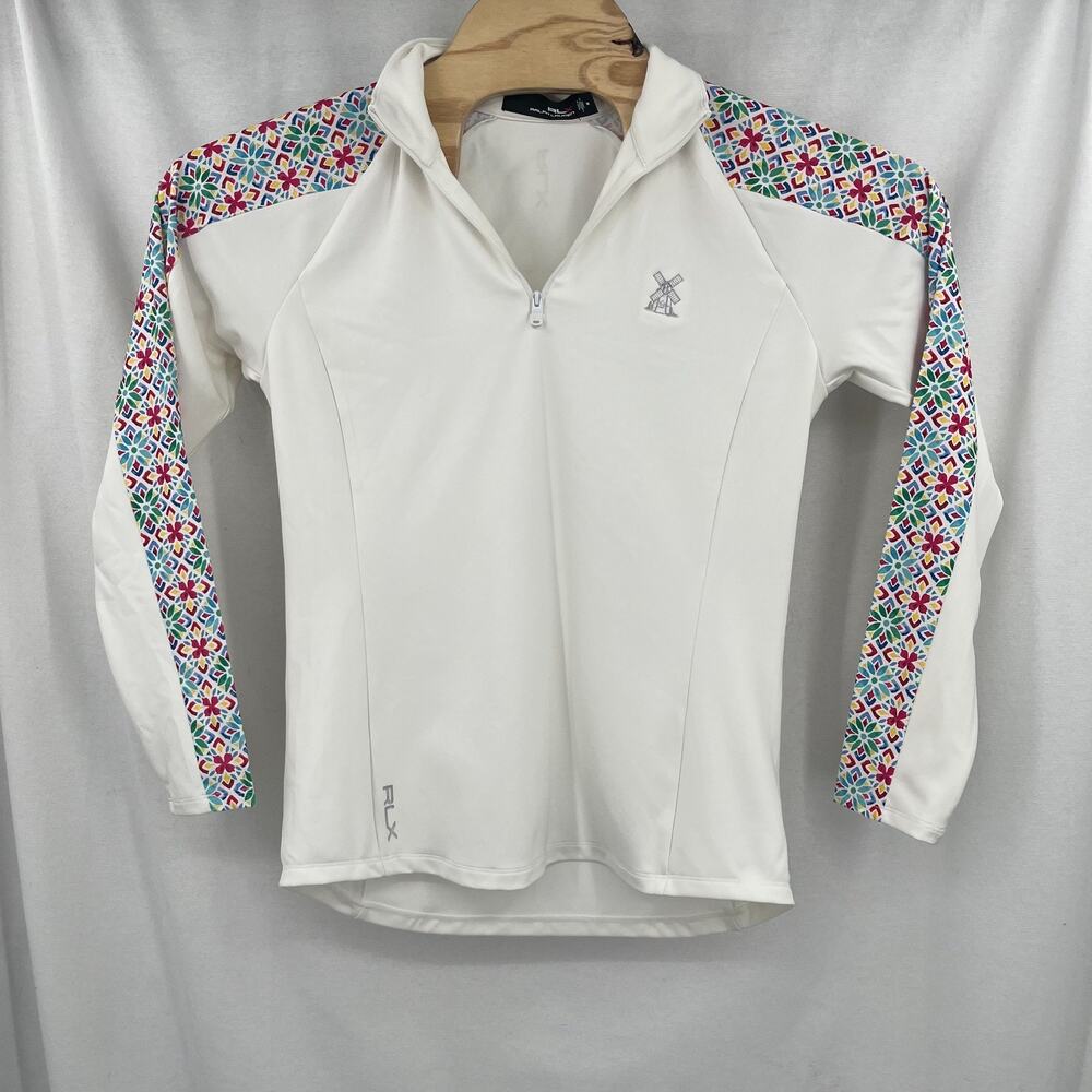 RLX Polo Ralph Lauren Womens M Golf Chatham Seaside Links White Flower 1/4 Zip